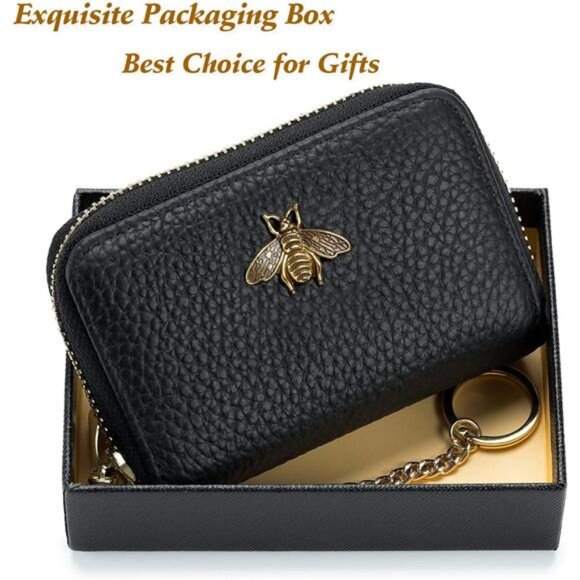 RFID Credit Card Holder Small Leather Wallet Zipper Card Case for Women Bee - Picture 6 of 7